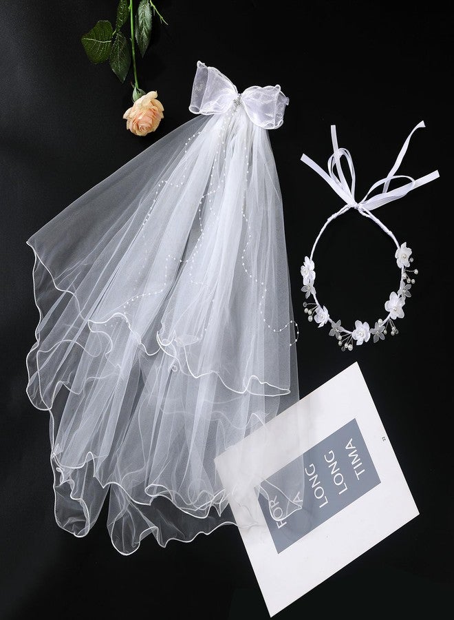 Yewkit First Communion Veils Set 1st Communion Wreath Veil Pearl Bracelet Gloves Sock Accessories - Image 2